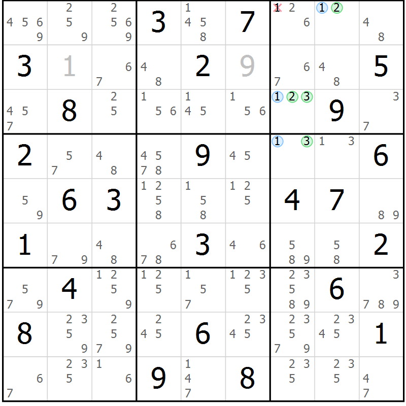 Position des candidats pour la solution de la Gr 68 page 71 du magazine de sudoku Maestro n° 102