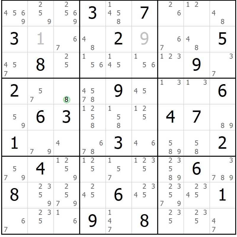 Position des candidats pour la solution de la Gr 68 page 71 du magazine de sudoku Maestro n° 102