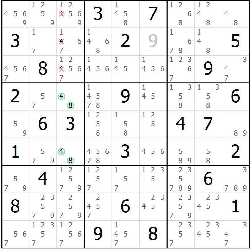 Position des candidats pour la solution de la Gr 68 page 71 du magazine de sudoku Maestro n° 102