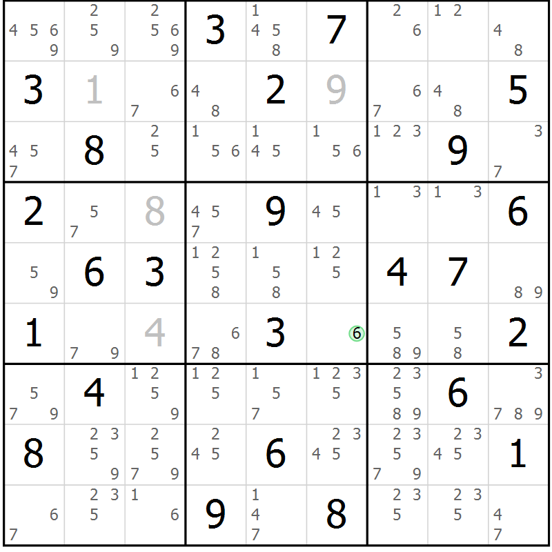 Position des candidats pour la solution de la Gr 68 page 71 du magazine de sudoku Maestro n° 102