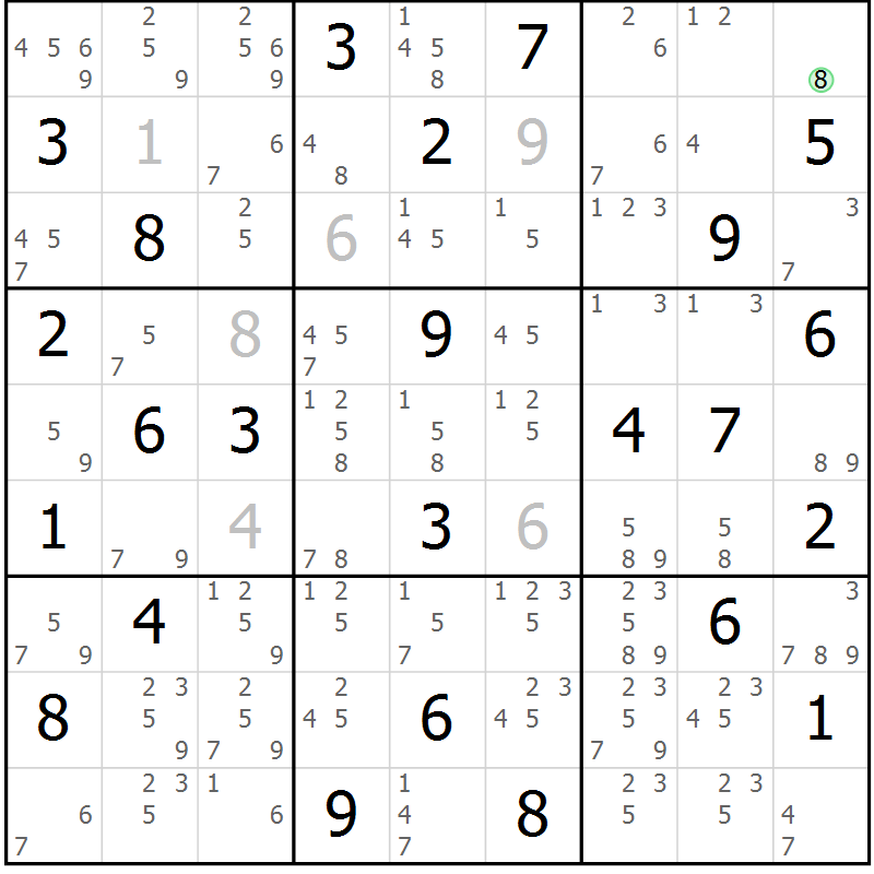 Position des candidats pour la solution de la Gr 68 page 71 du magazine de sudoku Maestro n° 102