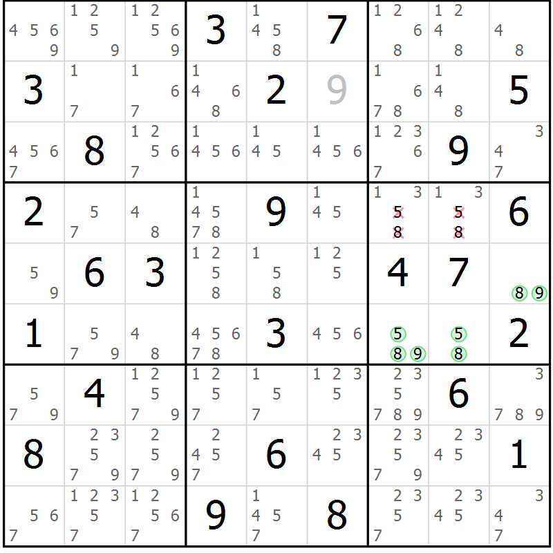 Position des candidats pour la solution de la Gr 68 page 71 du magazine de sudoku Maestro n° 102