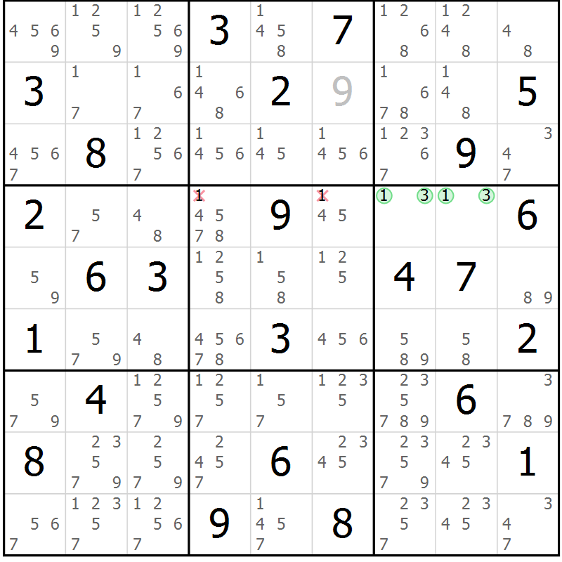 Position des candidats pour la solution de la Gr 68 page 71 du magazine de sudoku Maestro n° 102