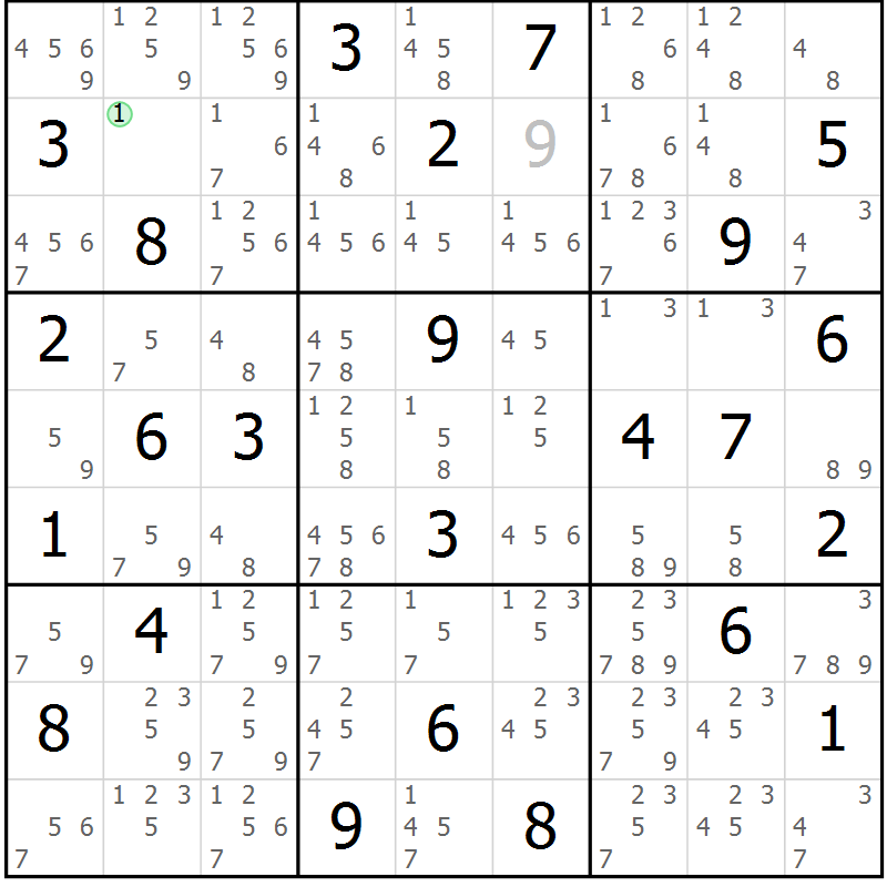 Position des candidats pour la solution de la Gr 68 page 71 du magazine de sudoku Maestro n° 102
