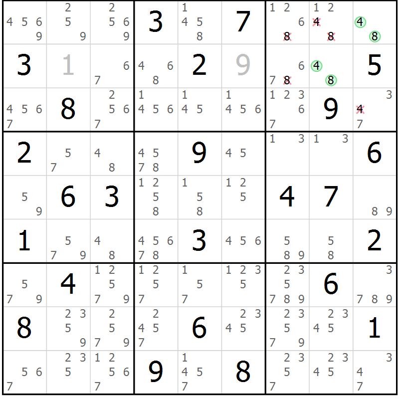 Position des candidats pour la solution de la Gr 68 page 71 du magazine de sudoku Maestro n° 102