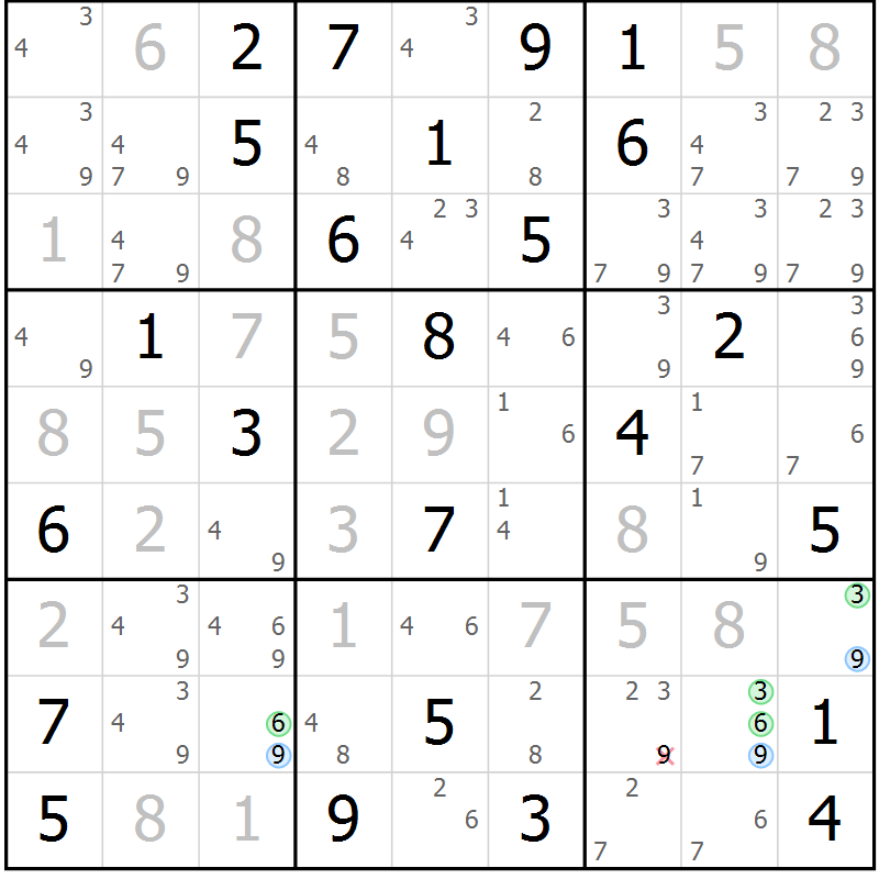 Position des candidats pour la solution de la Gr 69 page 72 du magazine de sudoku Maestro n° 102