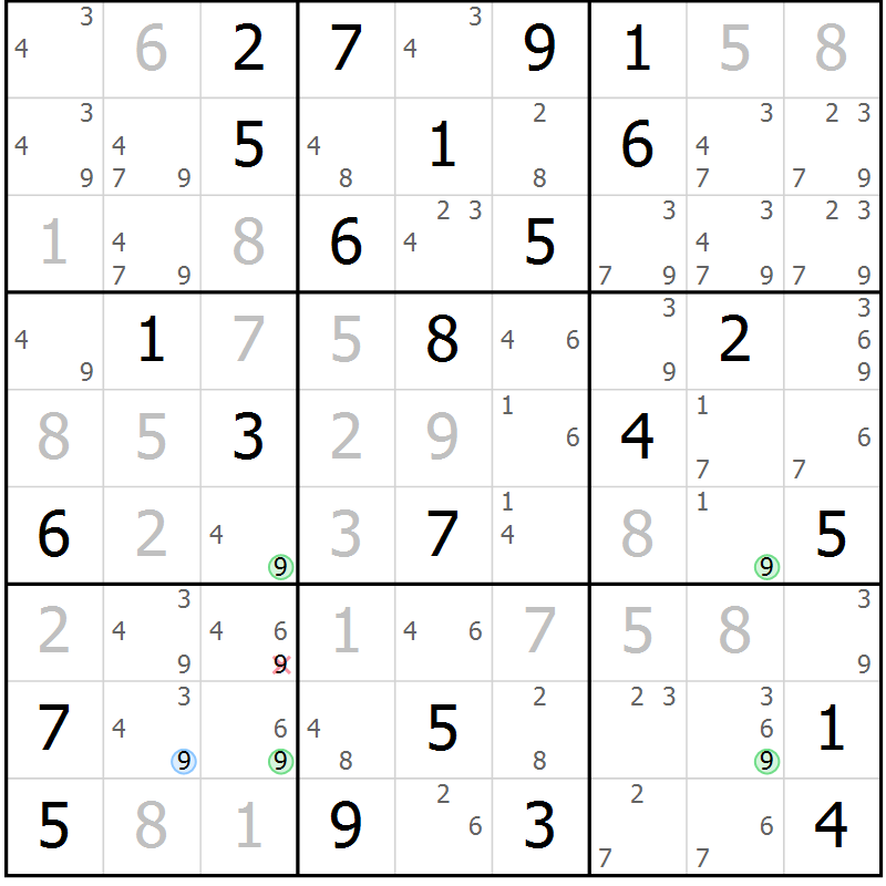 Position des candidats pour la solution de la Gr 69 page 72 du magazine de sudoku Maestro n° 102