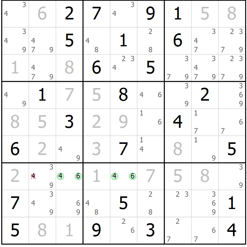 Position des candidats pour la solution de la Gr 69 page 72 du magazine de sudoku Maestro n° 102