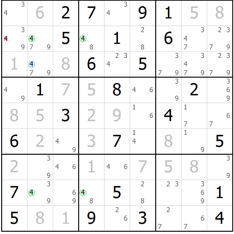 Position des candidats pour la solution de la Gr 69 page 72 du magazine de sudoku Maestro n° 102