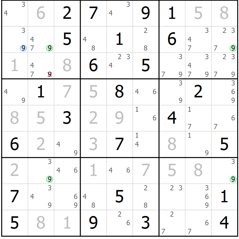 Position des candidats pour la solution de la Gr 69 page 72 du magazine de sudoku Maestro n° 102
