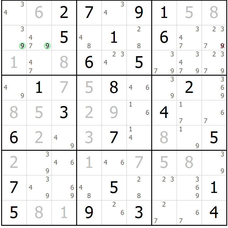 Position des candidats pour la solution de la Gr 69 page 72 du magazine de sudoku Maestro n° 102