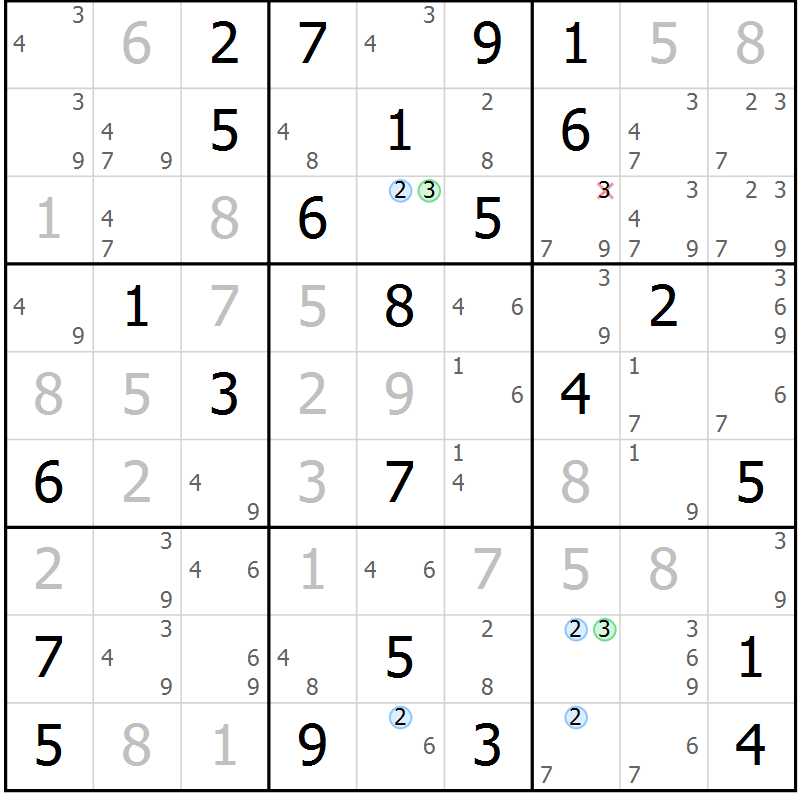 Position des candidats pour la solution de la Gr 69 page 72 du magazine de sudoku Maestro n° 102