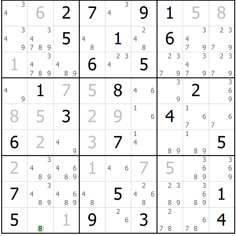 Position des candidats pour la solution de la Gr 69 page 72 du magazine de sudoku Maestro n° 102