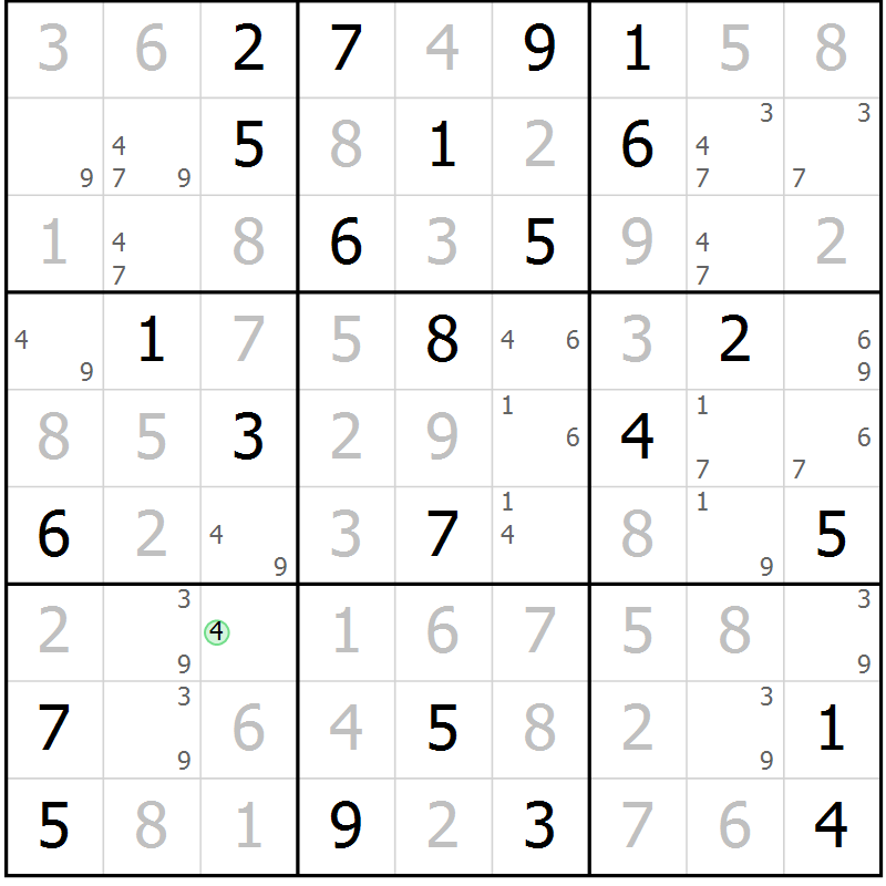 Position des candidats pour la solution de la Gr 69 page 72 du magazine de sudoku Maestro n° 102