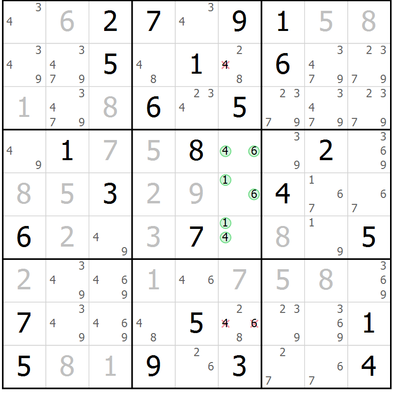 Position des candidats pour la solution de la Gr 69 page 72 du magazine de sudoku Maestro n° 102