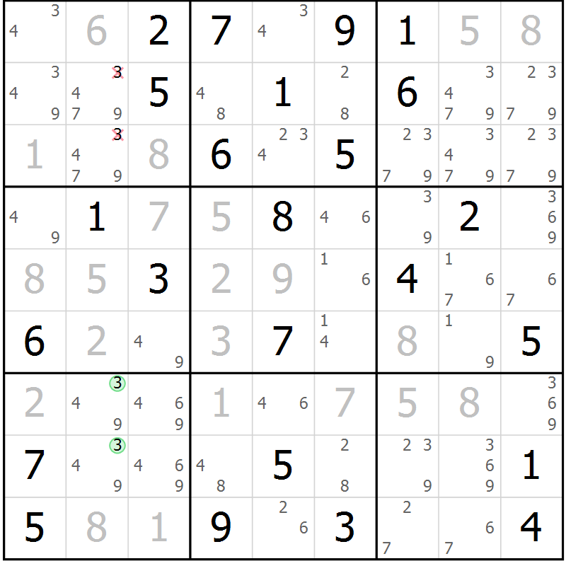 Position des candidats pour la solution de la Gr 69 page 72 du magazine de sudoku Maestro n° 102