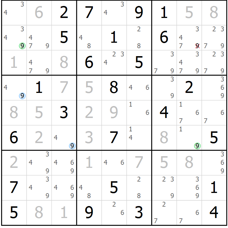 Position des candidats pour la solution de la Gr 69 page 72 du magazine de sudoku Maestro n° 102