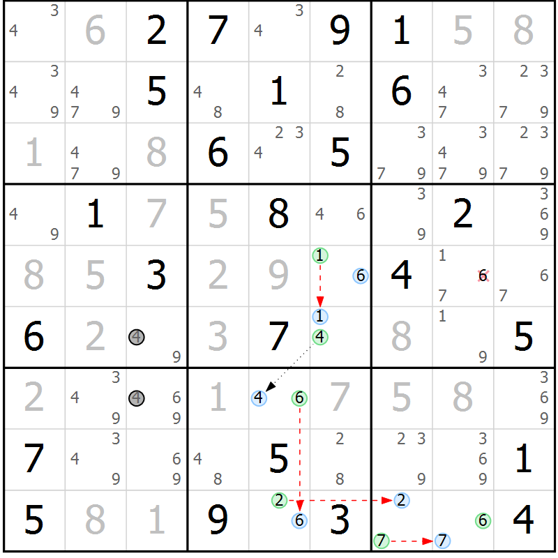 Position des candidats pour la solution de la Gr 69 page 72 du magazine de sudoku Maestro n° 102