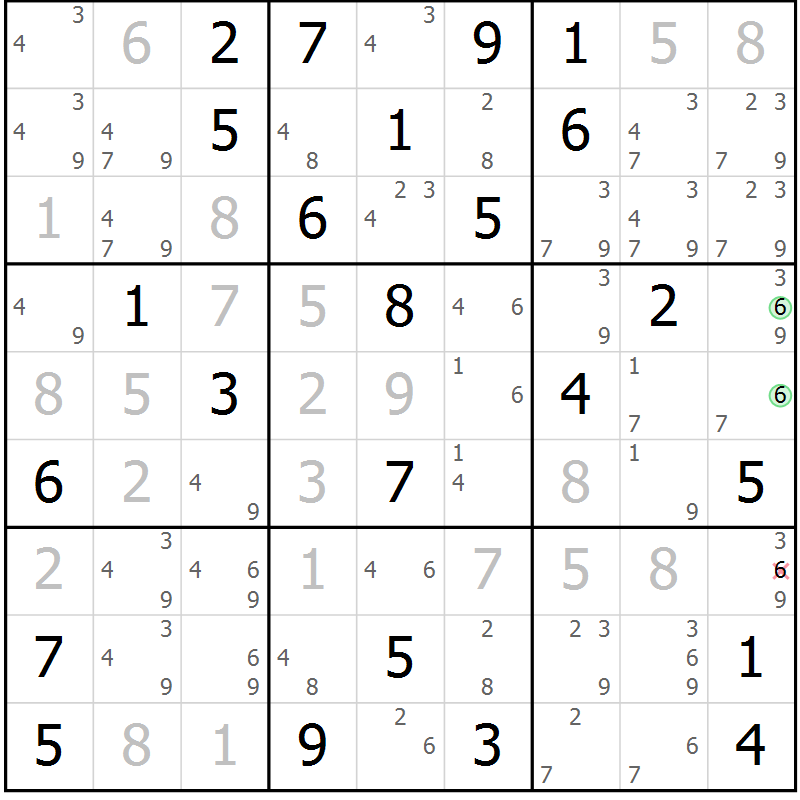 Position des candidats pour la solution de la Gr 69 page 72 du magazine de sudoku Maestro n° 102