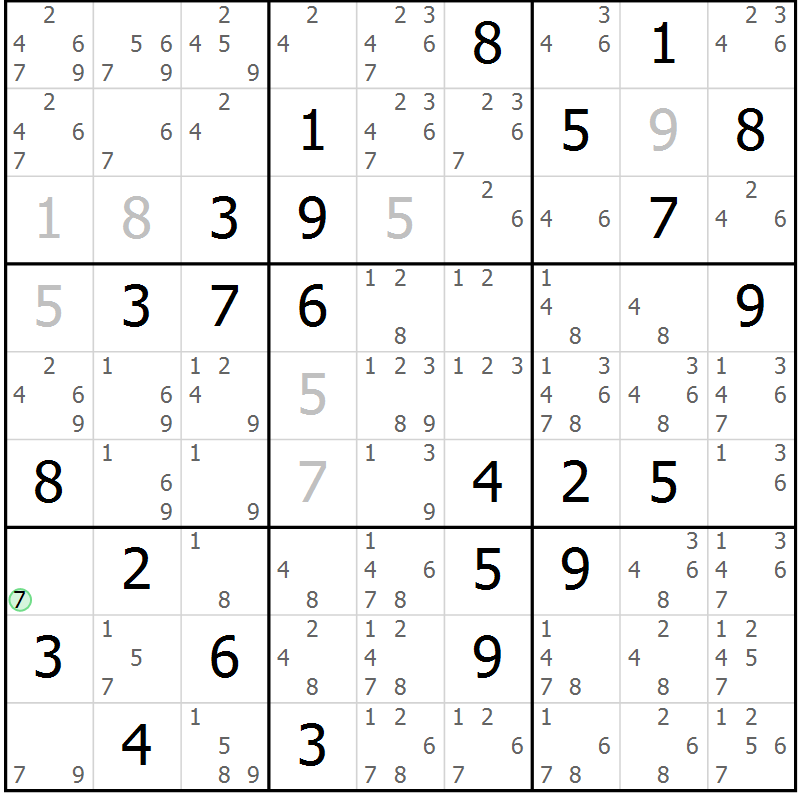 Position des candidats pour la solution de la Gr 7 page 10 du magazine de sudoku Maestro n° 102