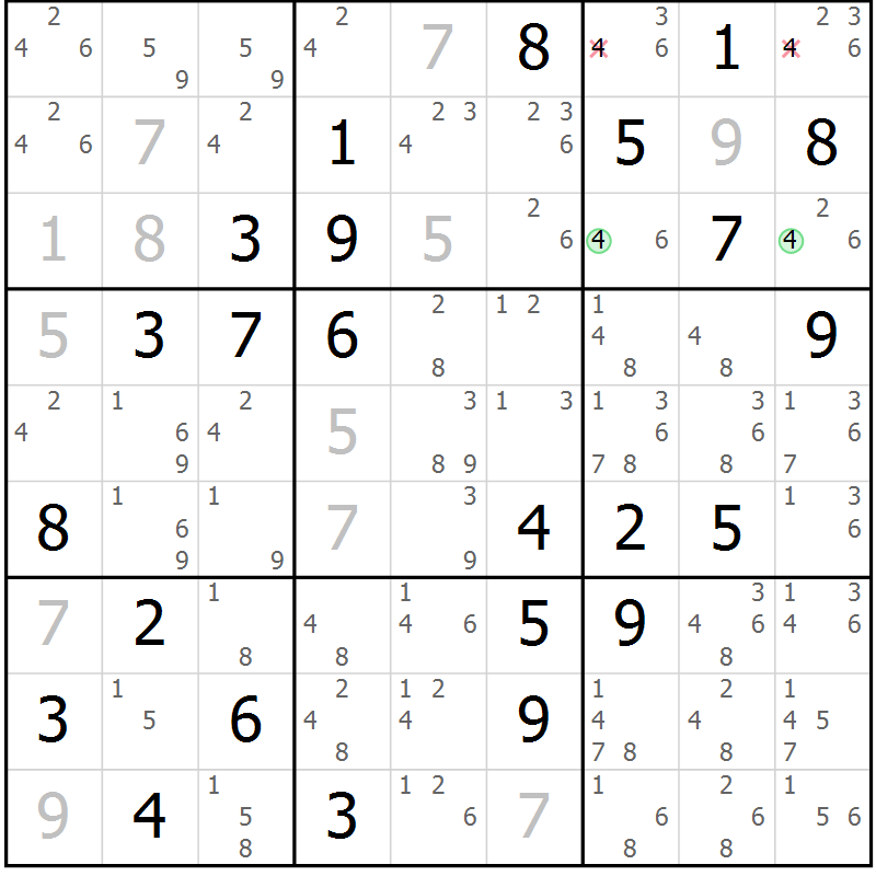 Position des candidats pour la solution de la Gr 7 page 10 du magazine de sudoku Maestro n° 102