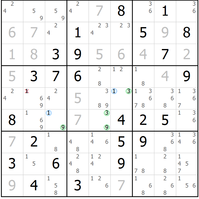 Position des candidats pour la solution de la Gr 7 page 10 du magazine de sudoku Maestro n° 102