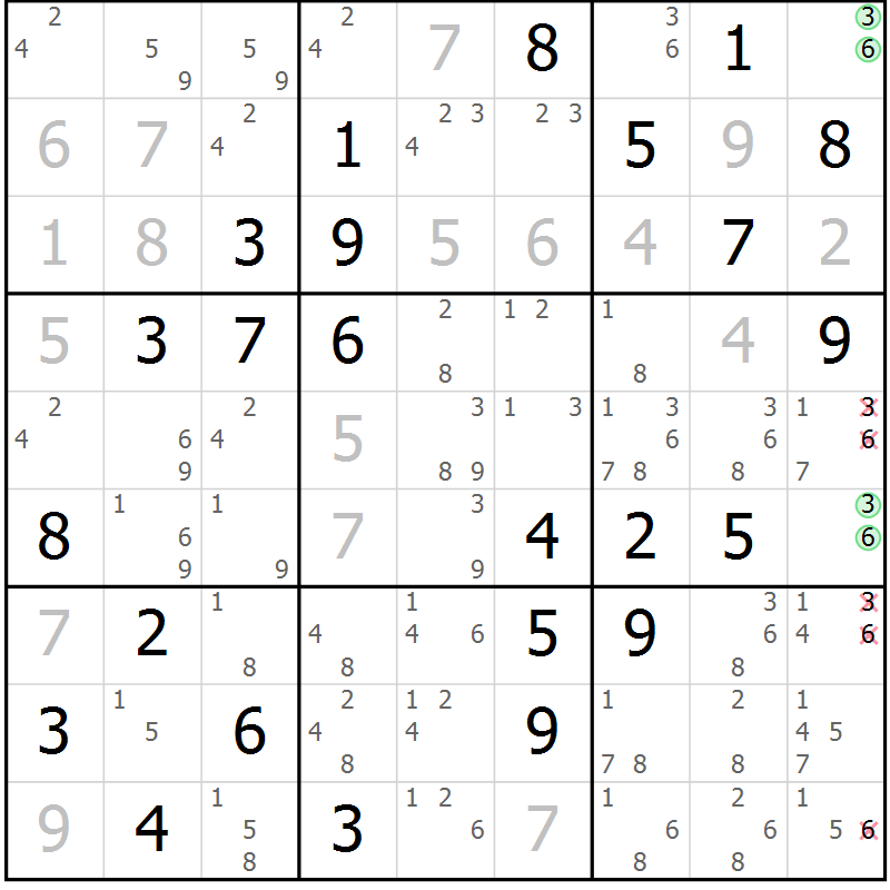 Position des candidats pour la solution de la Gr 7 page 10 du magazine de sudoku Maestro n° 102