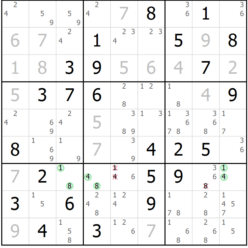 Position des candidats pour la solution de la Gr 7 page 10 du magazine de sudoku Maestro n° 102