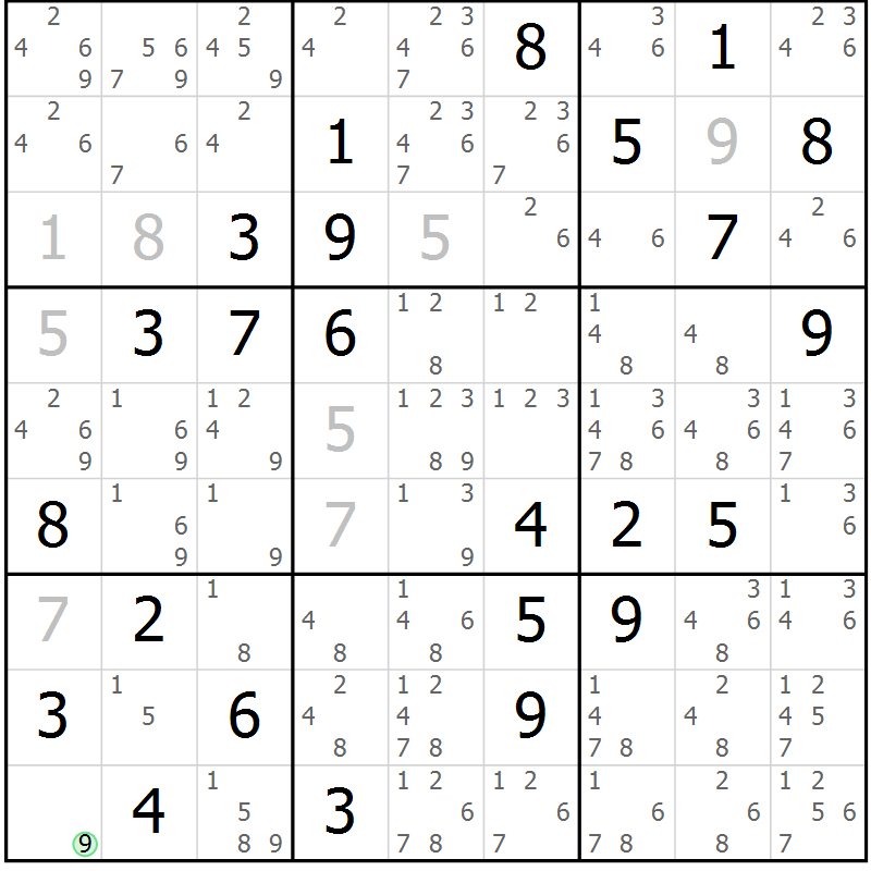 Position des candidats pour la solution de la Gr 7 page 10 du magazine de sudoku Maestro n° 102