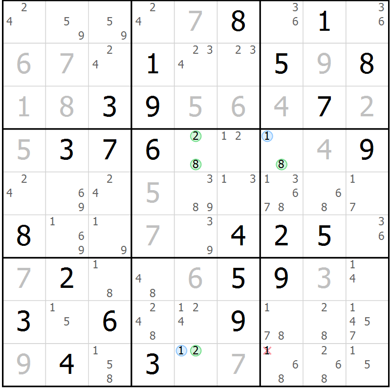 Position des candidats pour la solution de la Gr 7 page 10 du magazine de sudoku Maestro n° 102