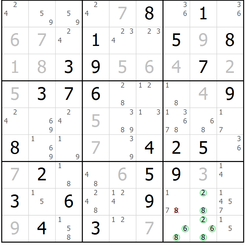 Position des candidats pour la solution de la Gr 7 page 10 du magazine de sudoku Maestro n° 102
