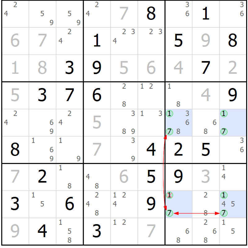 Position des candidats pour la solution de la Gr 7 page 10 du magazine de sudoku Maestro n° 102