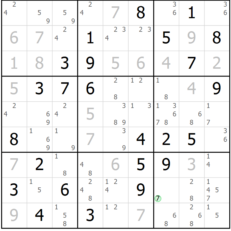 Position des candidats pour la solution de la Gr 7 page 10 du magazine de sudoku Maestro n° 102