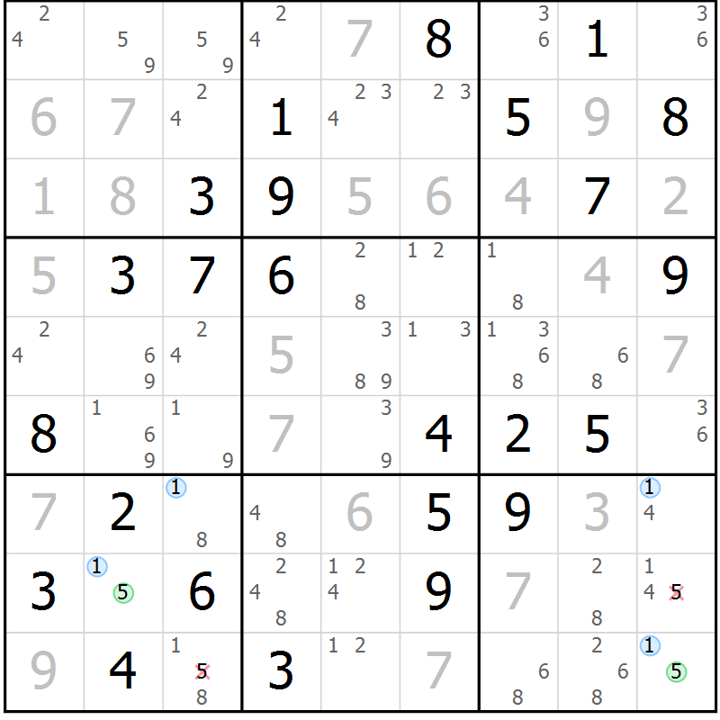Position des candidats pour la solution de la Gr 7 page 10 du magazine de sudoku Maestro n° 102
