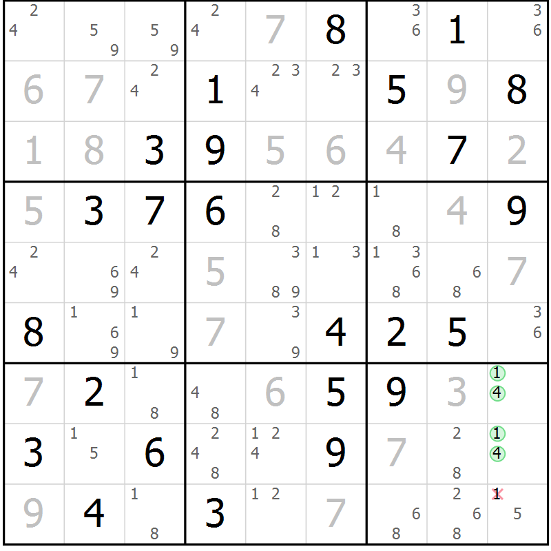 Position des candidats pour la solution de la Gr 7 page 10 du magazine de sudoku Maestro n° 102