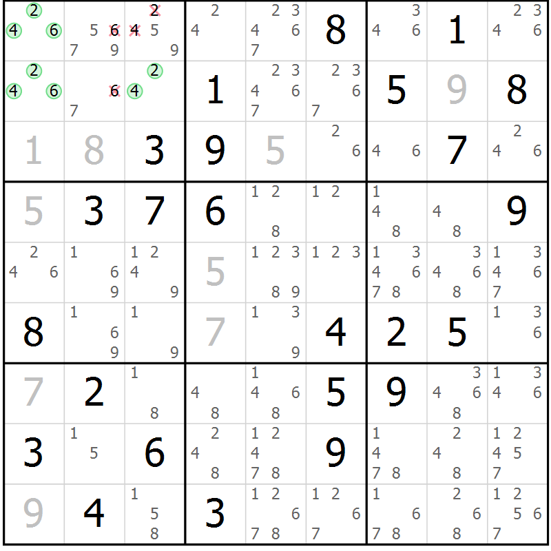Position des candidats pour la solution de la Gr 7 page 10 du magazine de sudoku Maestro n° 102