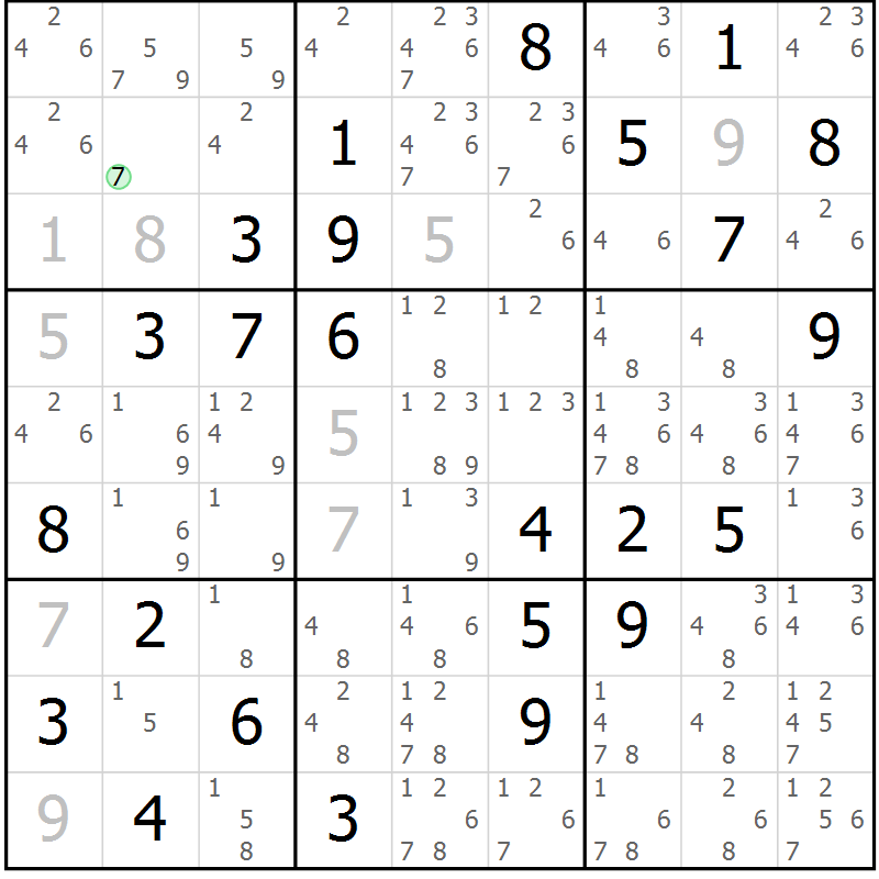 Position des candidats pour la solution de la Gr 7 page 10 du magazine de sudoku Maestro n° 102
