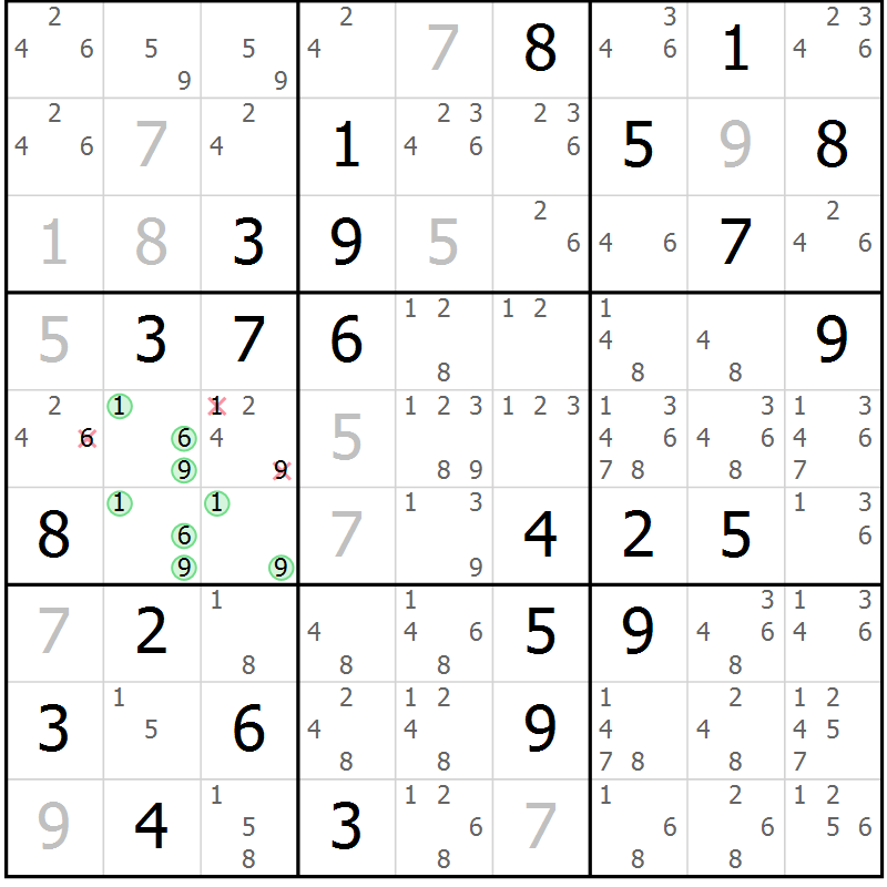 Position des candidats pour la solution de la Gr 7 page 10 du magazine de sudoku Maestro n° 102