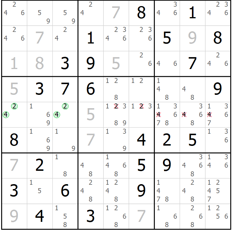 Position des candidats pour la solution de la Gr 7 page 10 du magazine de sudoku Maestro n° 102