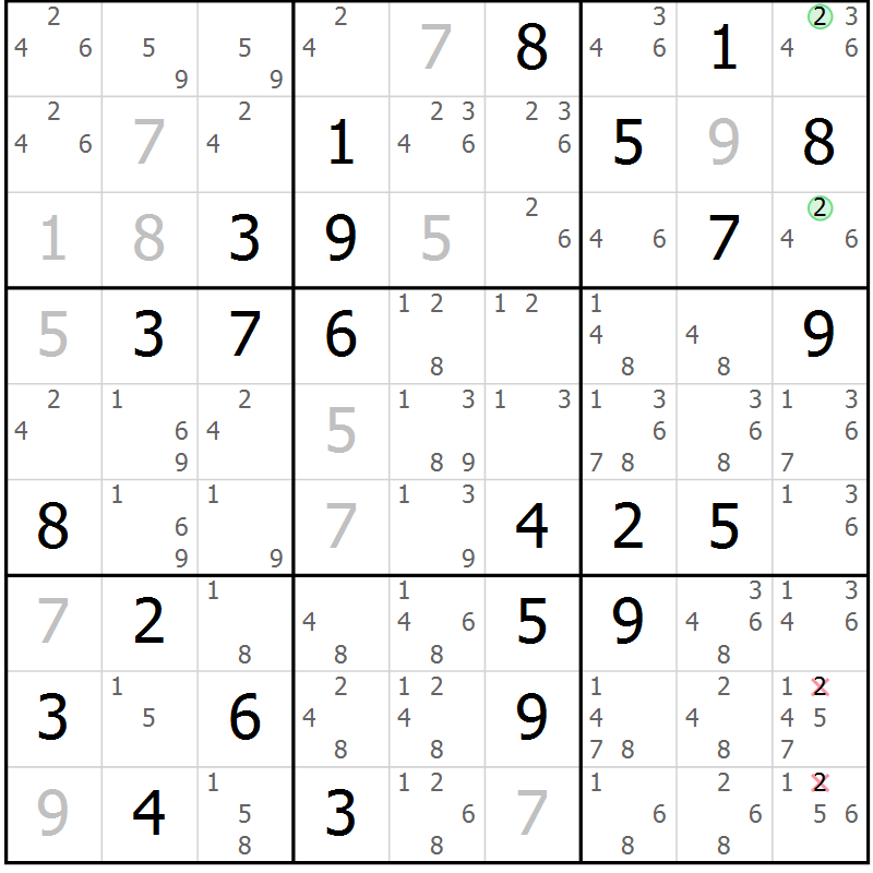 Position des candidats pour la solution de la Gr 7 page 10 du magazine de sudoku Maestro n° 102