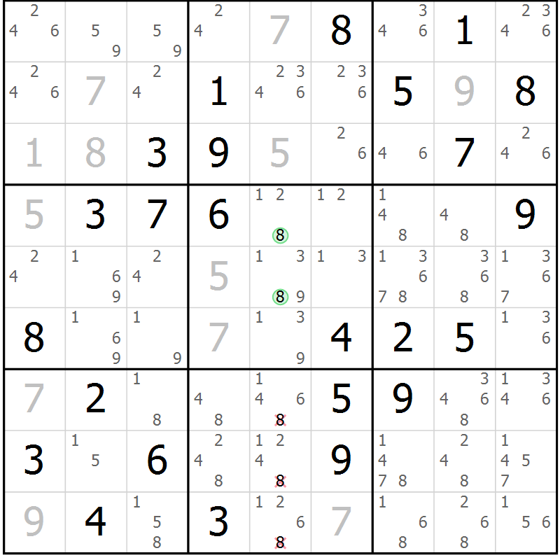 Position des candidats pour la solution de la Gr 7 page 10 du magazine de sudoku Maestro n° 102