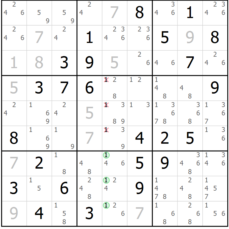 Position des candidats pour la solution de la Gr 7 page 10 du magazine de sudoku Maestro n° 102