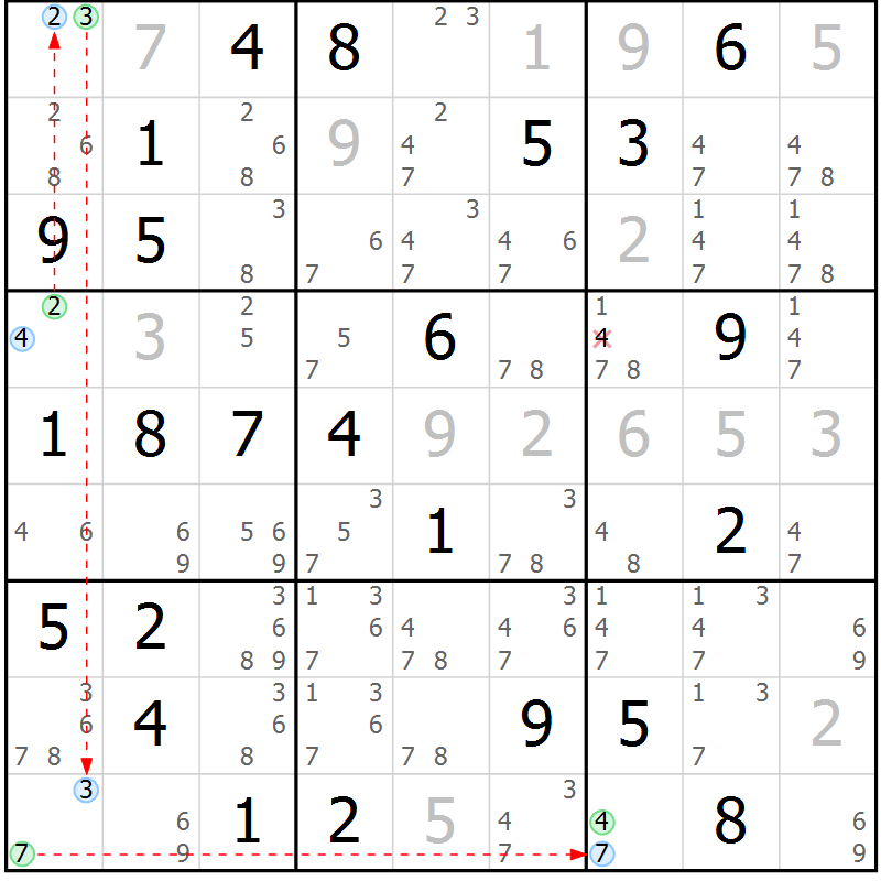 Position des candidats pour la solution de la Gr 70 page 73 du magazine de sudoku Maestro n° 102