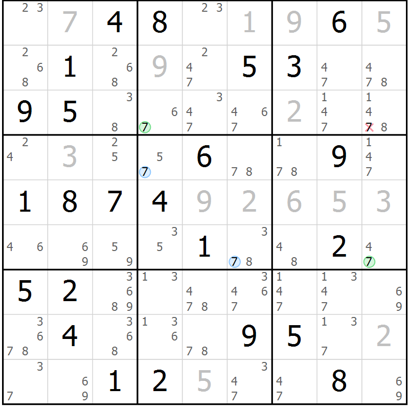 Position des candidats pour la solution de la Gr 70 page 73 du magazine de sudoku Maestro n° 102