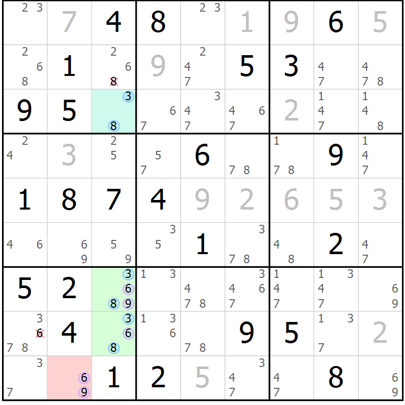 Position des candidats pour la solution de la Gr 70 page 73 du magazine de sudoku Maestro n° 102