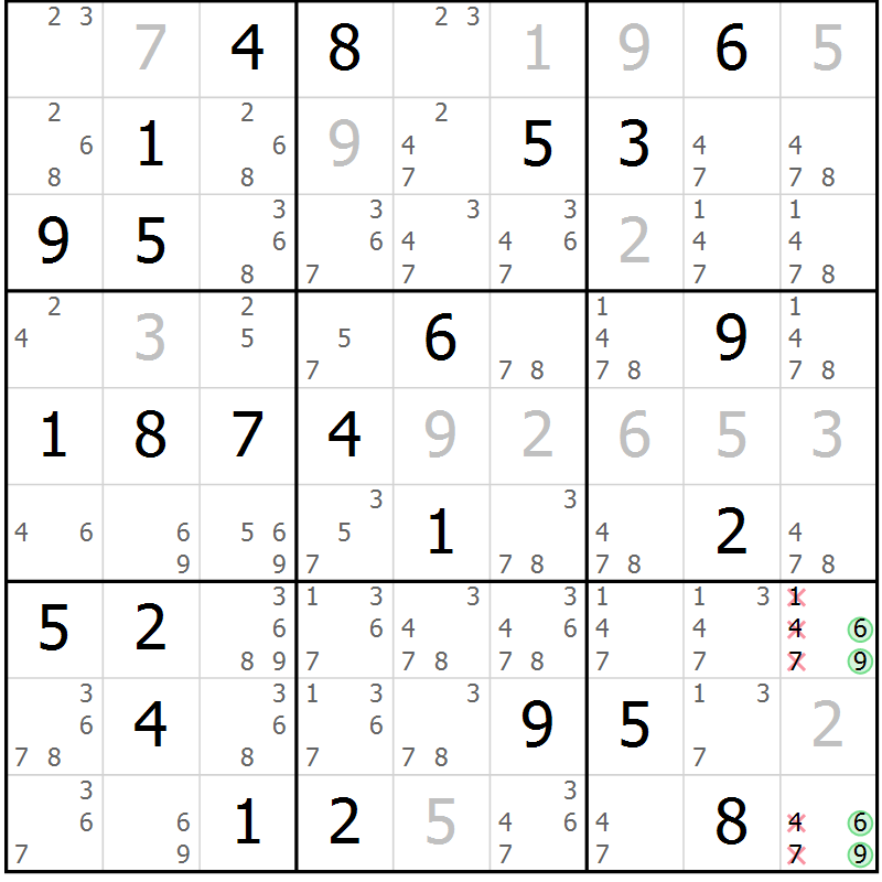 Position des candidats pour la solution de la Gr 70 page 73 du magazine de sudoku Maestro n° 102