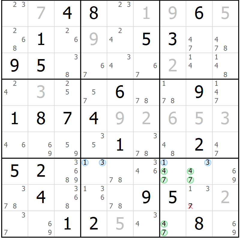 Position des candidats pour la solution de la Gr 70 page 73 du magazine de sudoku Maestro n° 102
