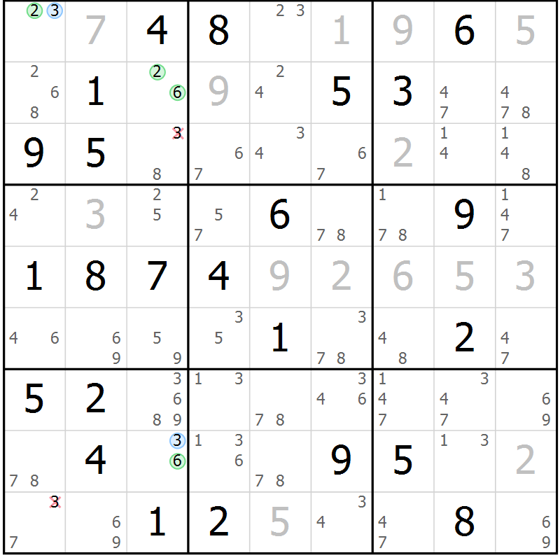 Position des candidats pour la solution de la Gr 70 page 73 du magazine de sudoku Maestro n° 102