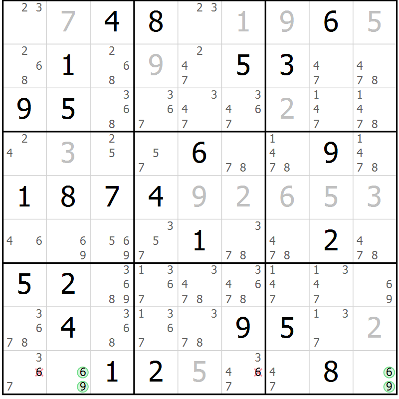 Position des candidats pour la solution de la Gr 70 page 73 du magazine de sudoku Maestro n° 102