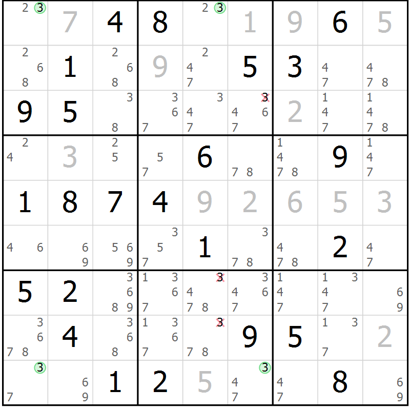 Position des candidats pour la solution de la Gr 70 page 73 du magazine de sudoku Maestro n° 102